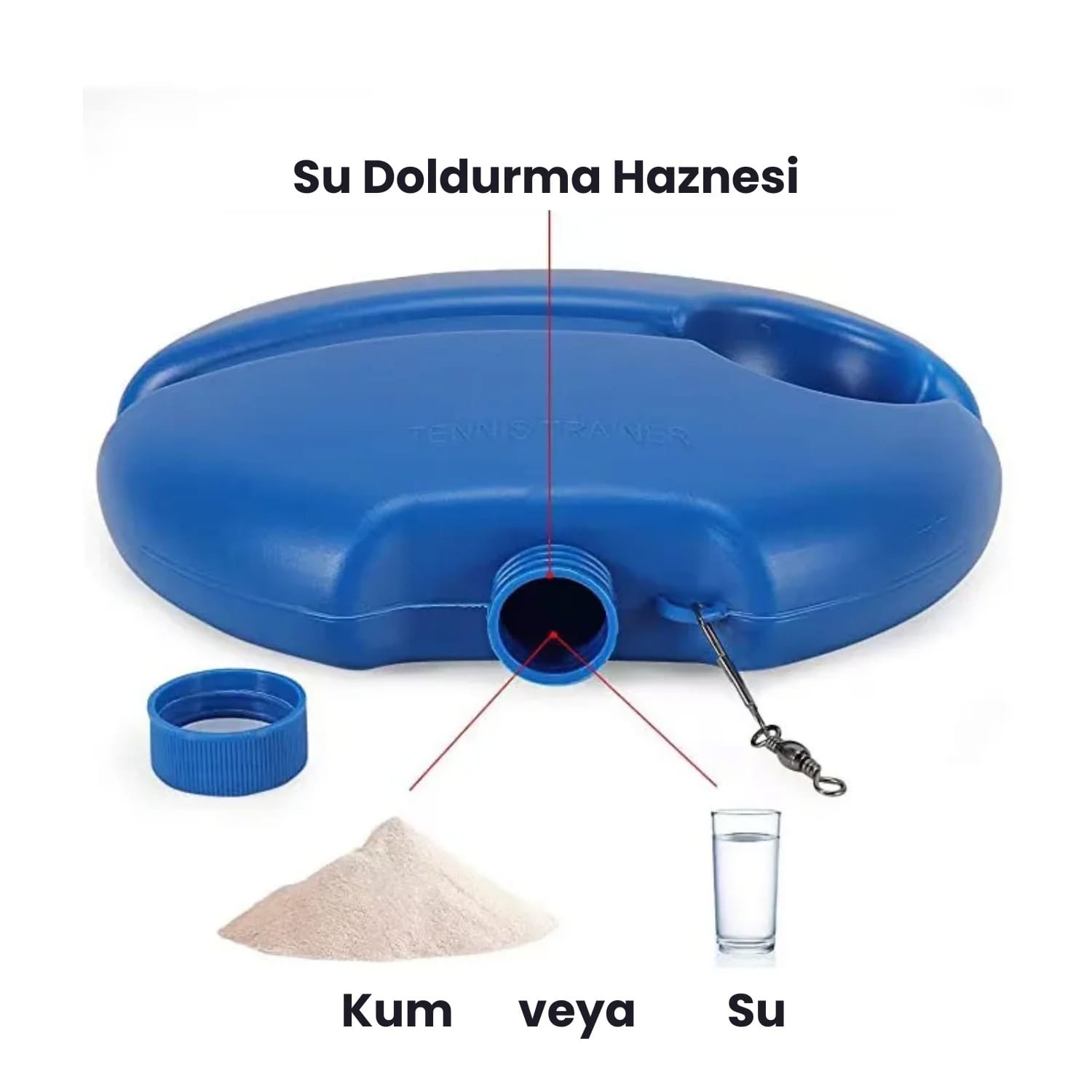 TenisFit antrenman standı nasıl su veya kum ile doldurulur? Standın stabilitesini artırmak için adım adım su veya kum doldurma işlemi gösteren bilgilendirici görsel.