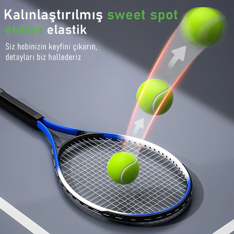 TenisFit kalınlaştırılmış sweetspot raket! Geliştirilmiş vuruş yüzeyi ile daha güçlü ve isabetli vuruşlar yapmanıza yardımcı olacak tenis raketi modeli.